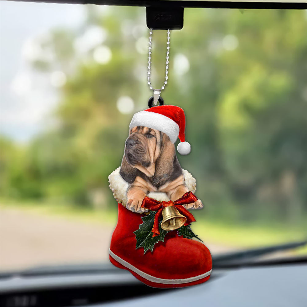 Bloodhound In Santa Boot Christmas Car Hanging Ornament