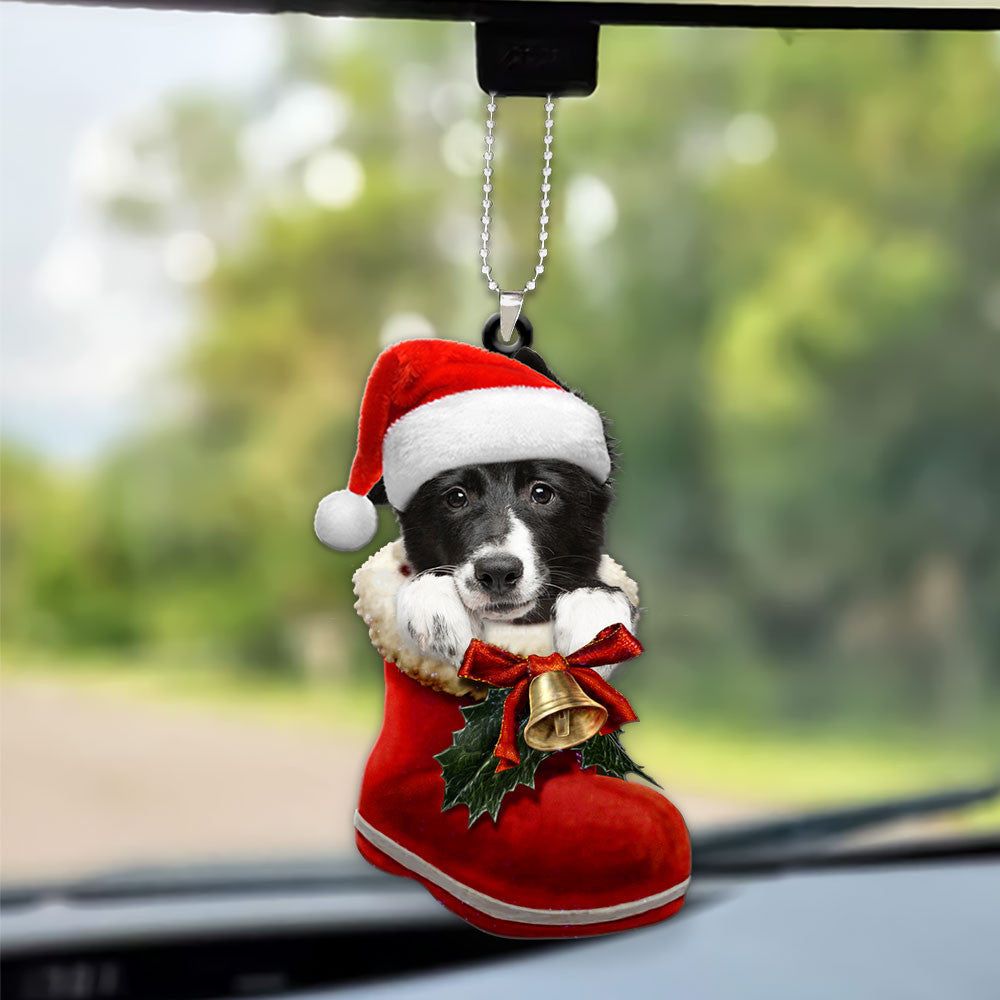 Border Collie In Santa Boot Christmas Car Hanging Ornament
