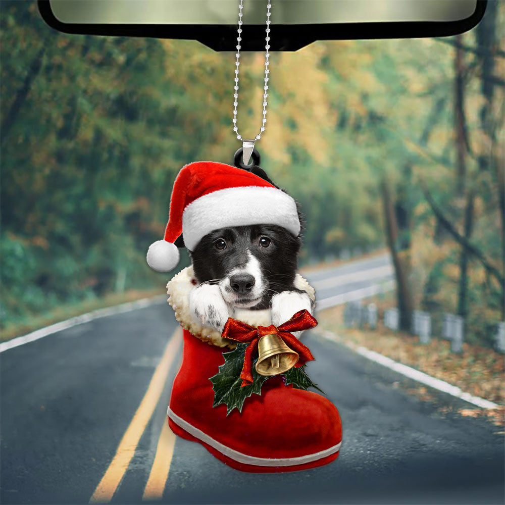 Border Collie In Santa Boot Christmas Car Hanging Ornament