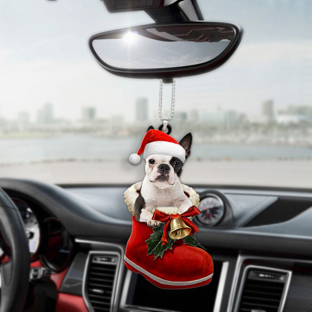 Boston Terrier In Santa Boot Christmas Car Hanging Ornament