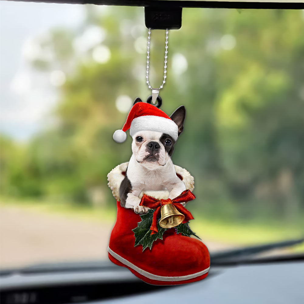 Boston Terrier In Santa Boot Christmas Car Hanging Ornament