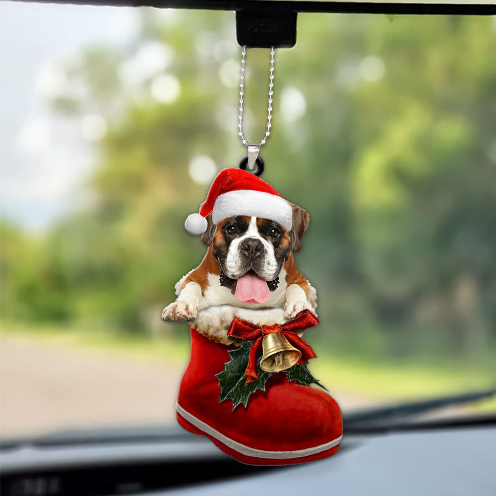 Boxer In Santa Boot Christmas Car Hanging Ornament