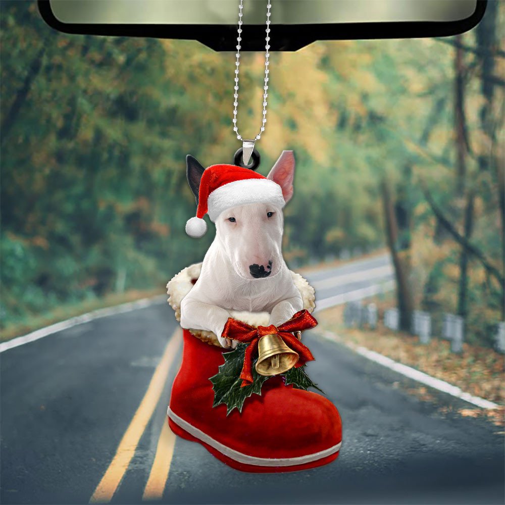 Bull Terrier In Santa Boot Christmas Car Hanging Ornament