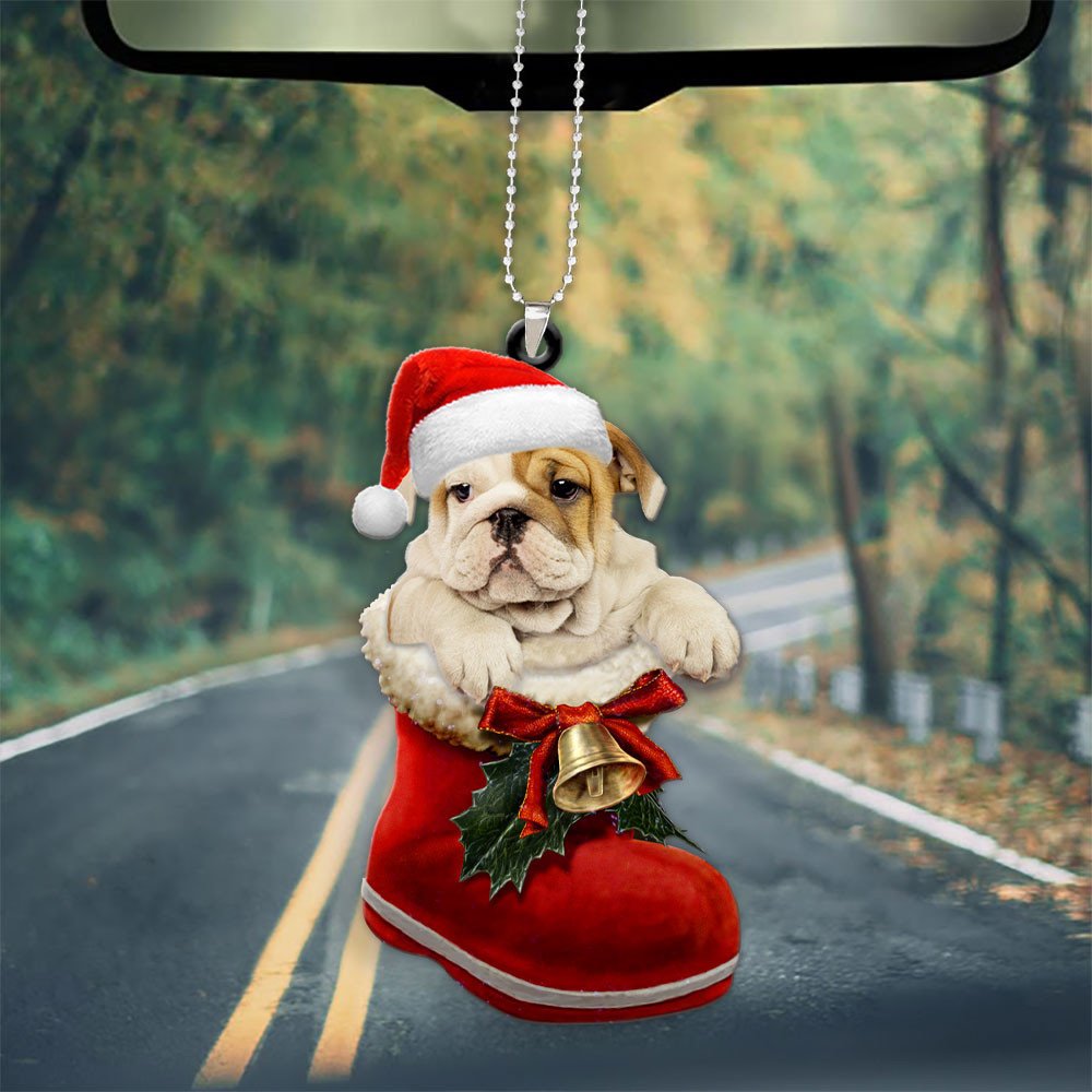 Bulldog In Santa Boot Christmas Car Hanging Ornament