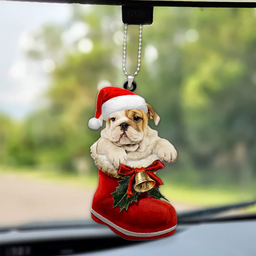 Bulldog In Santa Boot Christmas Car Hanging Ornament