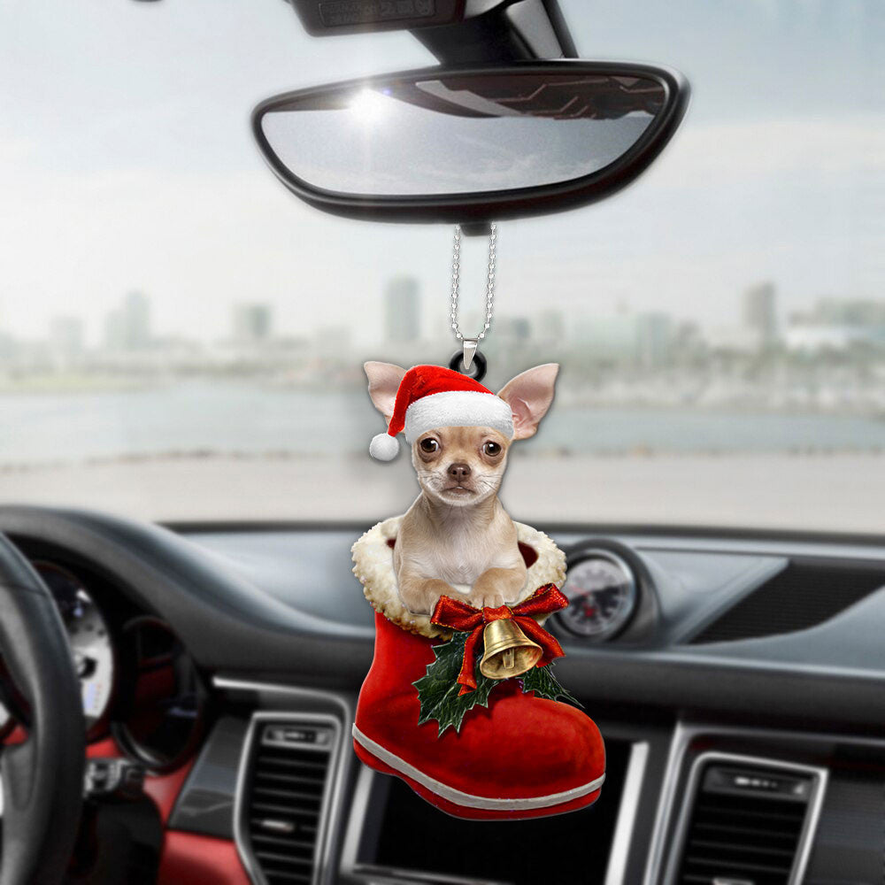 Chihuahua In Santa Boot Christmas Car Hanging Ornament