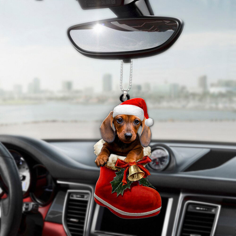 Dachshund In Santa Boot Christmas Car Hanging Ornament