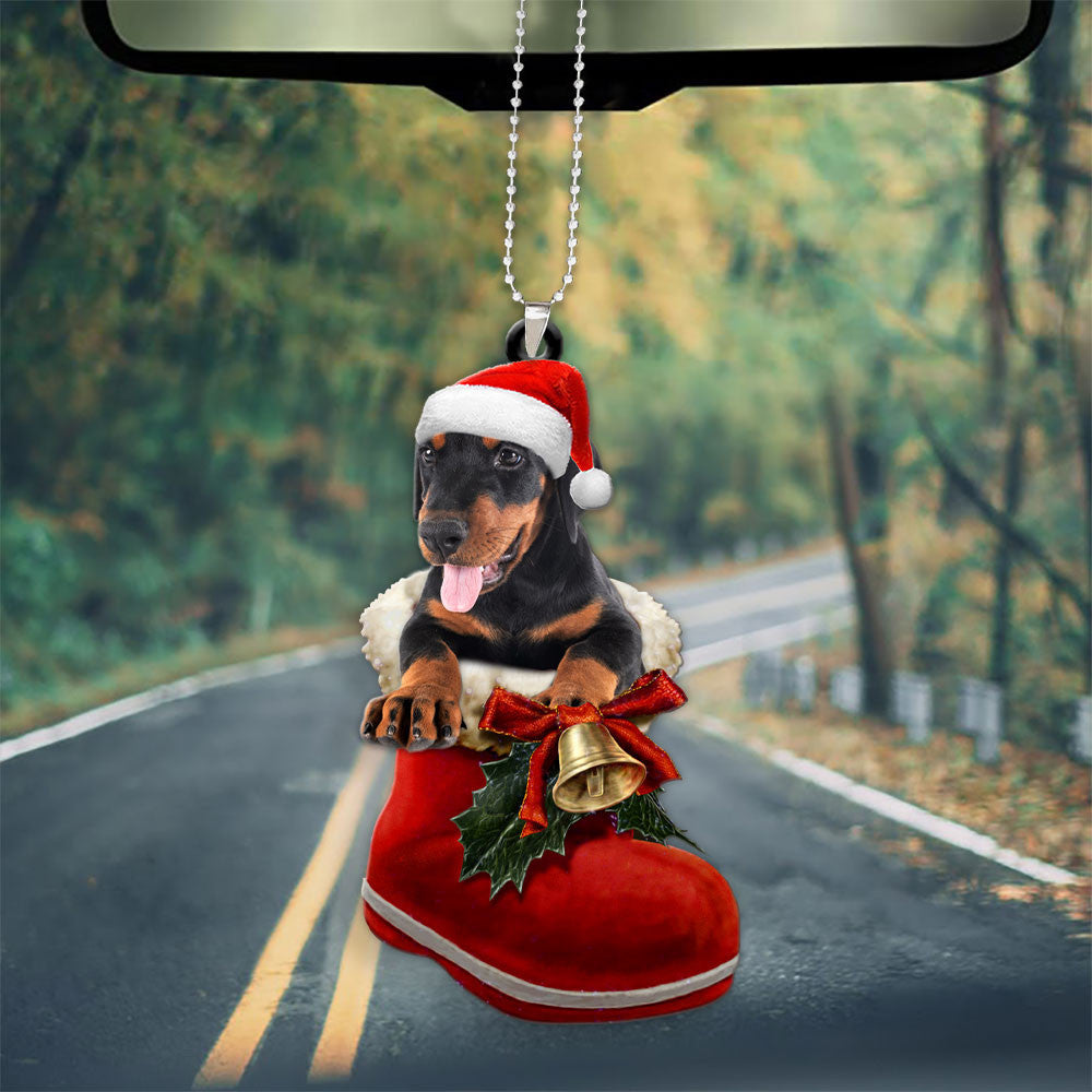 Doberman Pinscher In Santa Boot Christmas Car Hanging Ornament