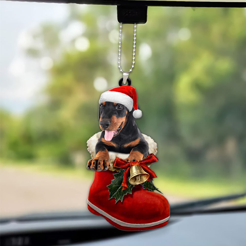 Doberman Pinscher In Santa Boot Christmas Car Hanging Ornament