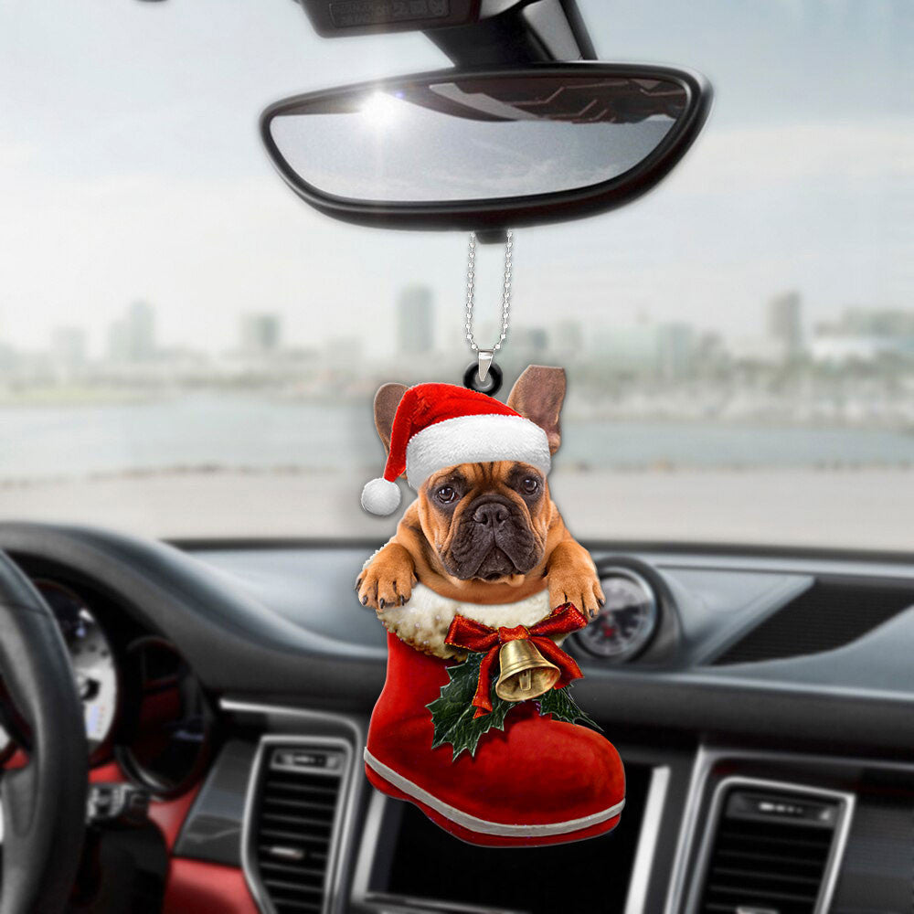 French Bulldog In Santa Boot Christmas Car Hanging Ornament