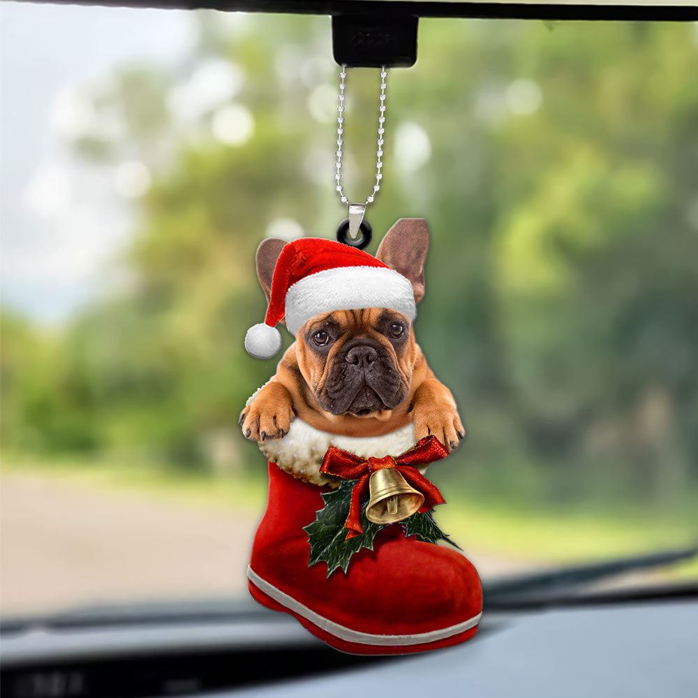 French Bulldog In Santa Boot Christmas Car Hanging Ornament