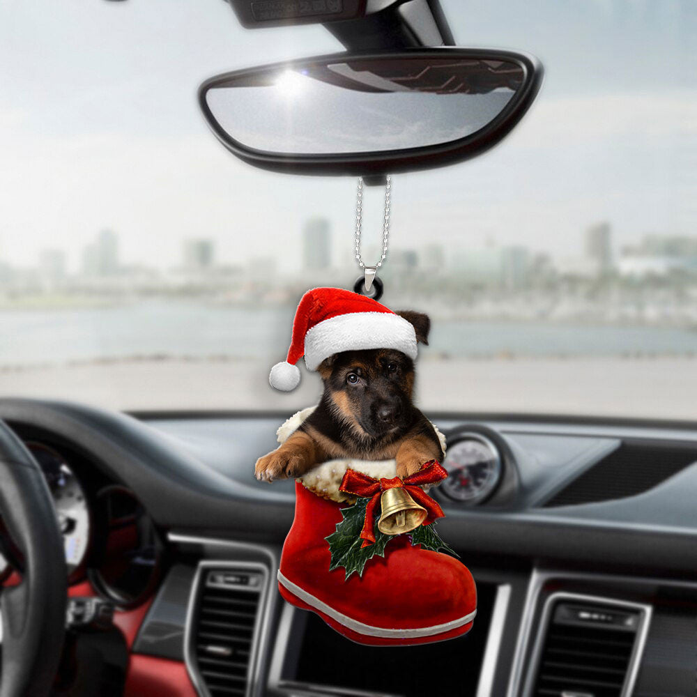 German Shepherd Dog In Santa Boot Christmas Car Hanging Ornament