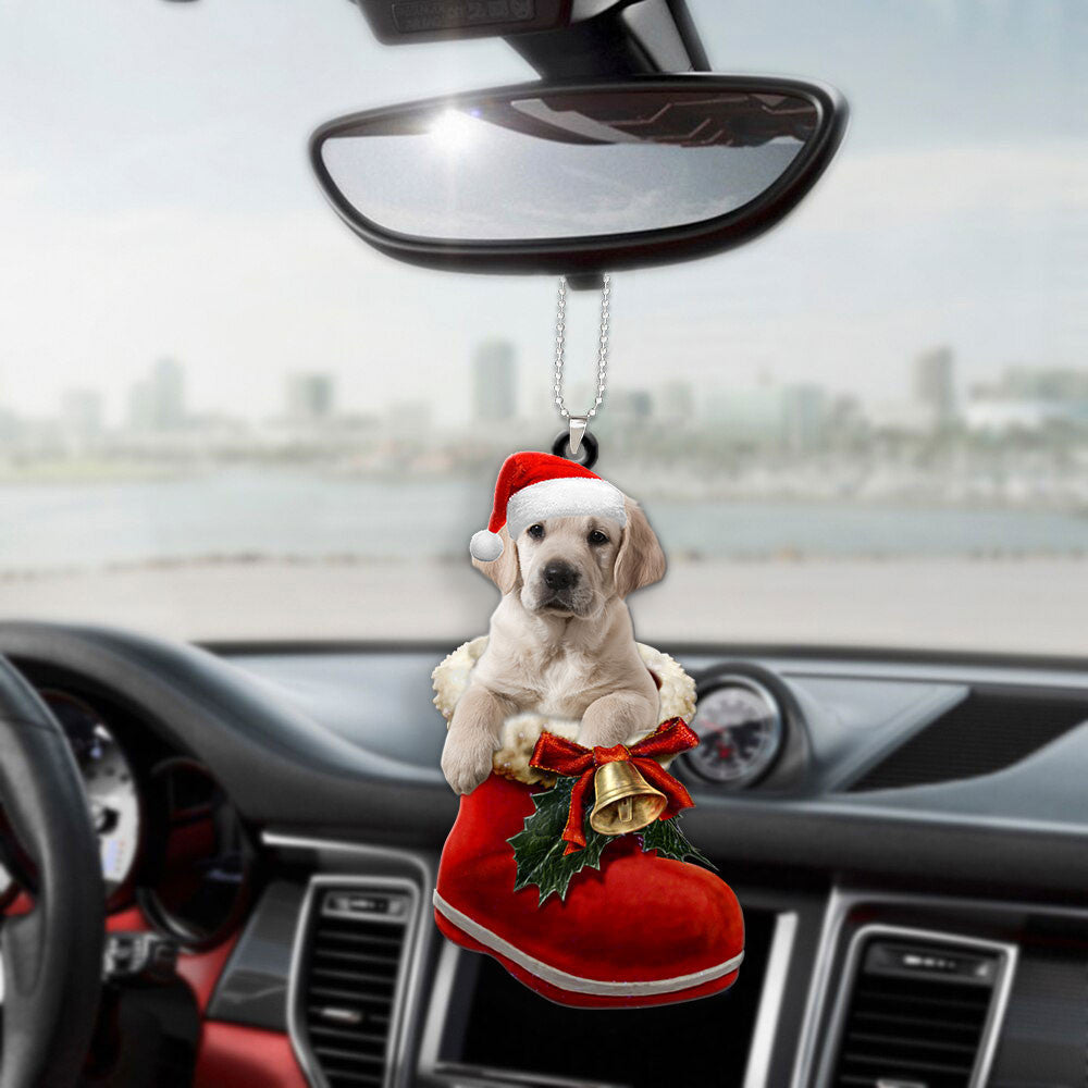 Golden Retriever Dog In Santa Boot Christmas Car Hanging Ornament