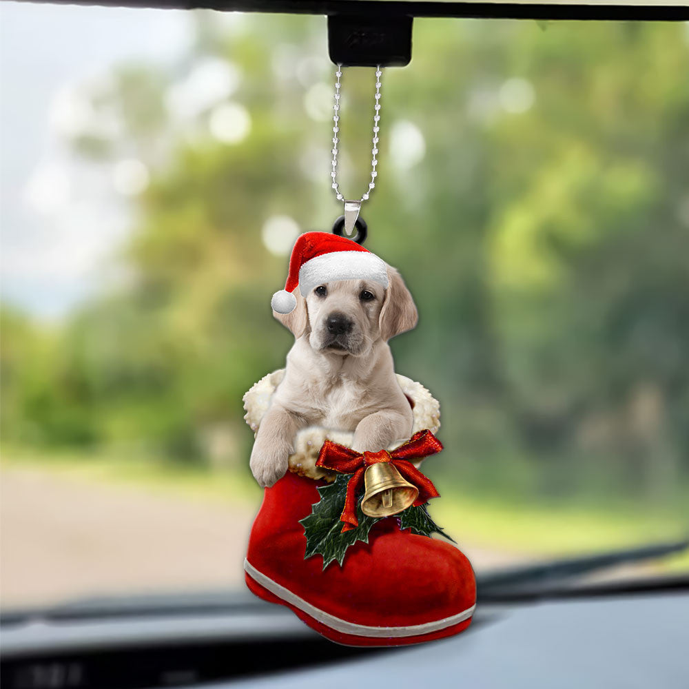 Golden Retriever Dog In Santa Boot Christmas Car Hanging Ornament