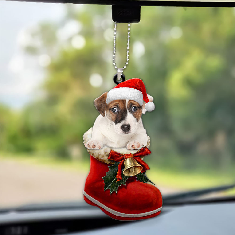 Jack Russell Terrier In Santa Boot Christmas Car Hanging Ornament