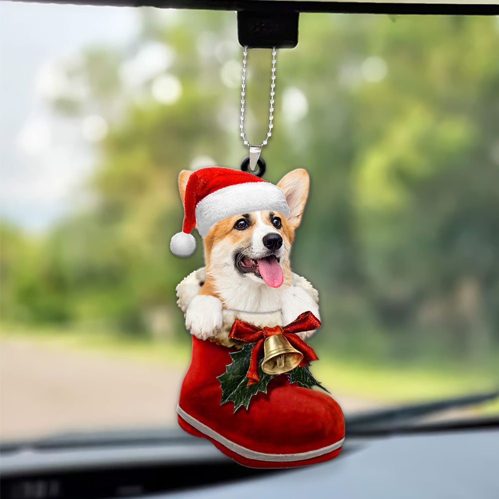 Pembroke Welsh Corgi In Santa Boot Christmas Car Hanging Ornament