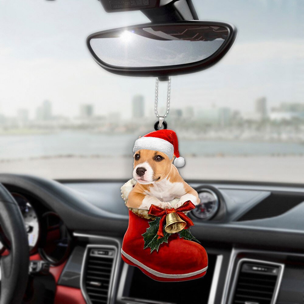 Pitbull In Santa Boot Christmas Car Hanging Ornament