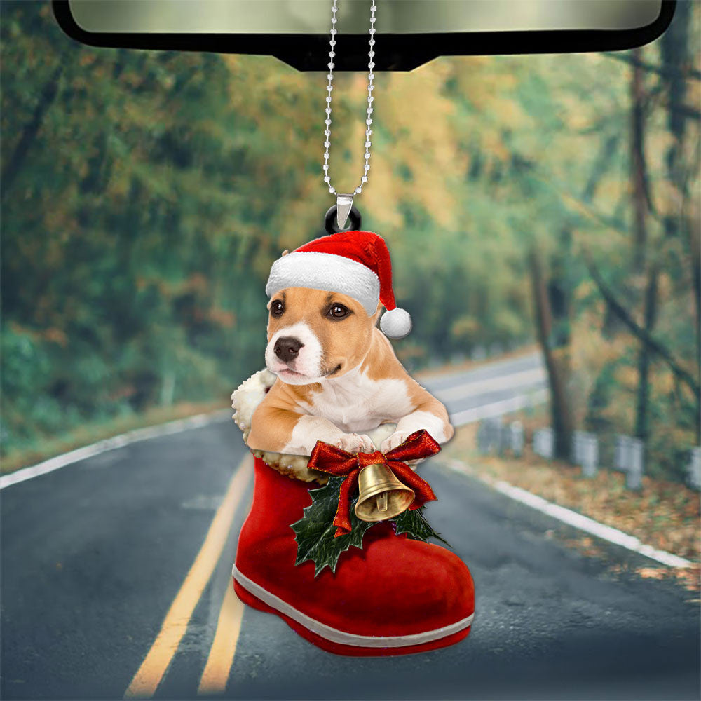 Pitbull In Santa Boot Christmas Car Hanging Ornament