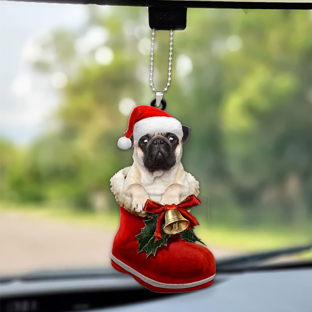 Pug In Santa Boot Christmas Car Hanging Ornament