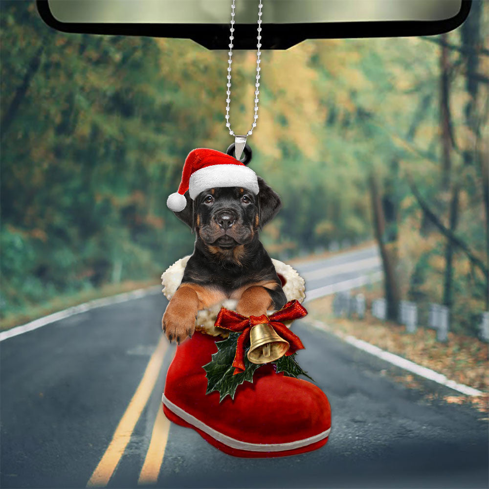 Rottweiler In Santa Boot Christmas Car Hanging Ornament