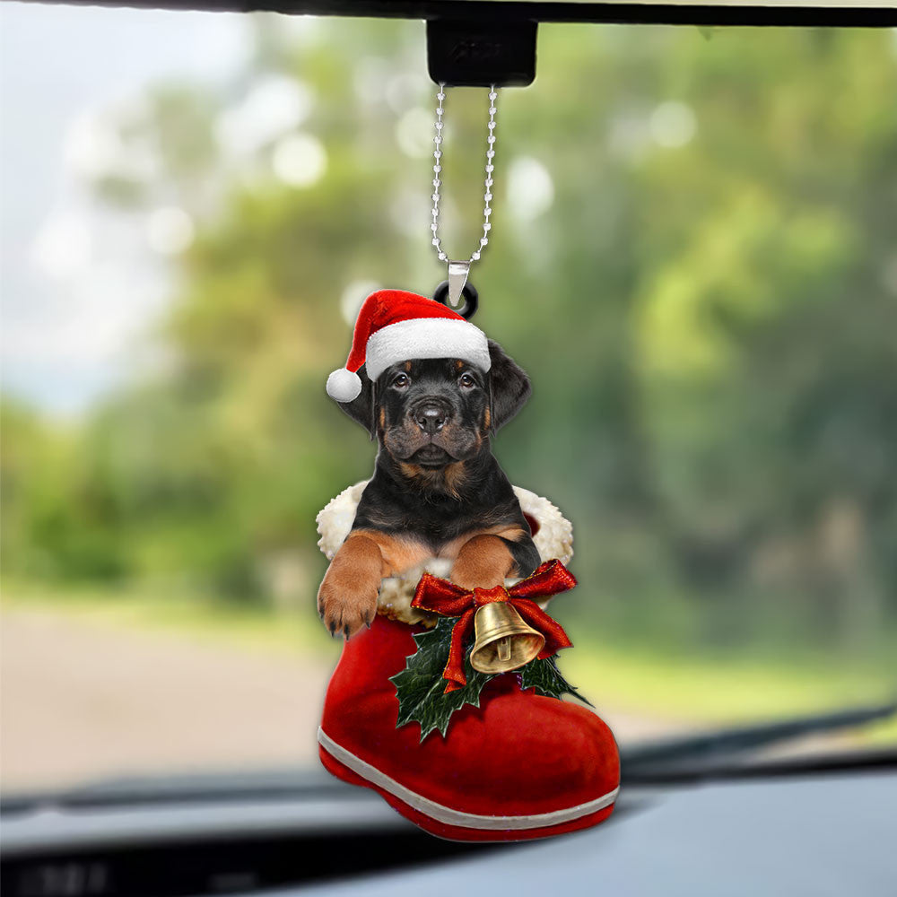 Rottweiler In Santa Boot Christmas Car Hanging Ornament