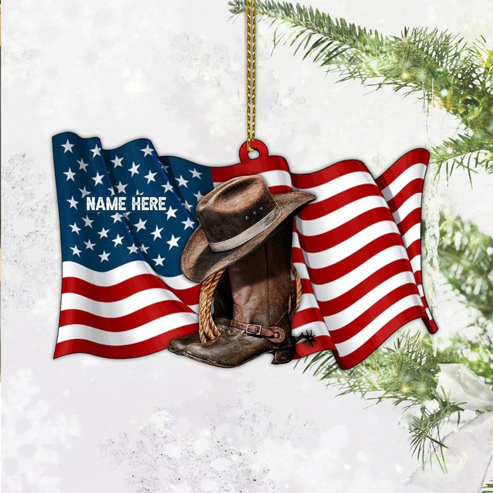Personalized American Flag Cowgirl Boots And Hat Acrylic Ornament Christmas Gift for Cowgirl