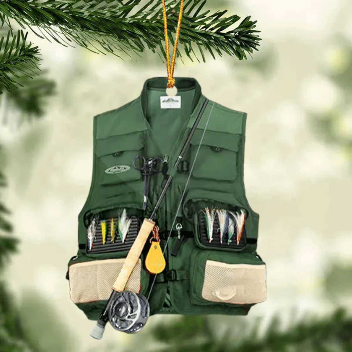 Fishing Vest With Christmas Light Personalized Ornament for Fishing Lovers/ Custom Name Fishing Ornament for Dad
