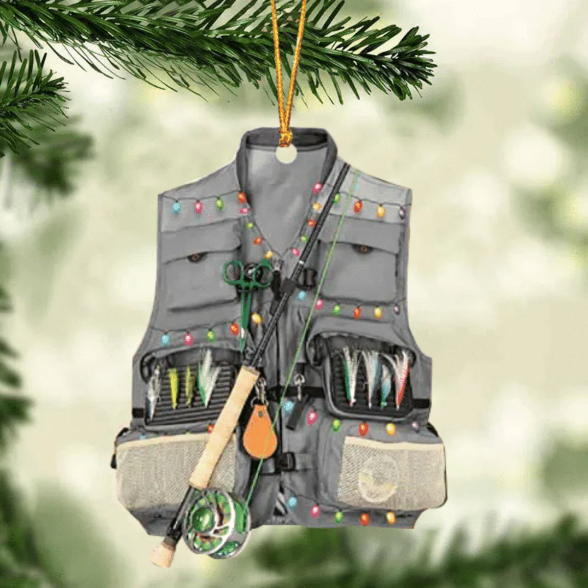Fishing Vest With Christmas Light Personalized Ornament for Fishing Lovers/ Custom Name Fishing Ornament for Dad