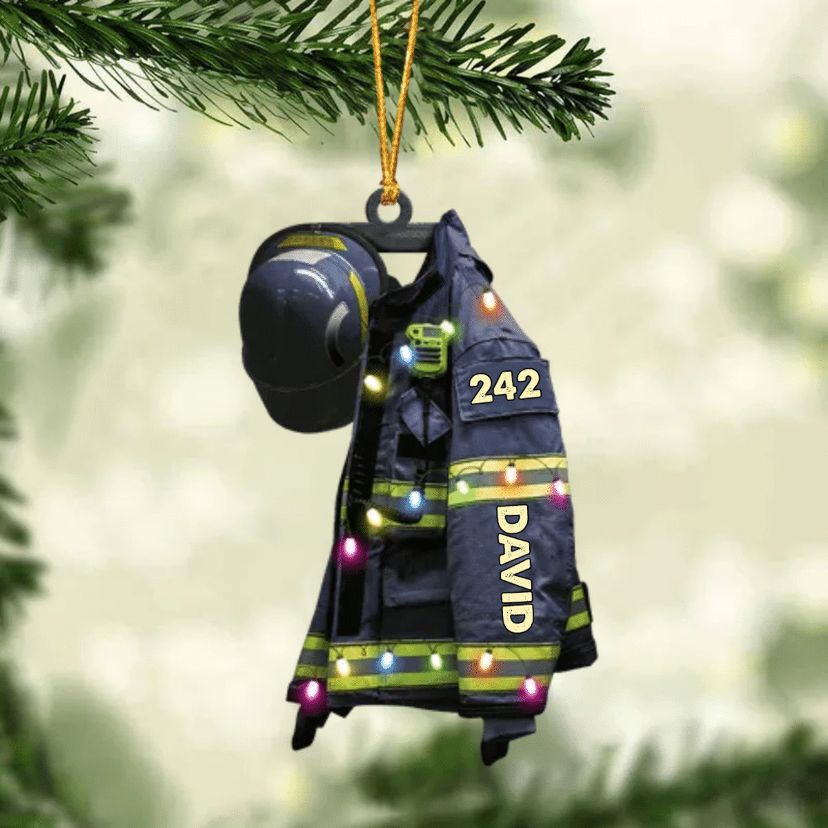 Firefighter Suits With Christmas Light - Personalized Flat Ornament - Gift For Firefighters