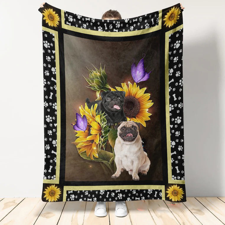 Pug Blanket/ Pug dark sunflower And Butterfly/ Dog Lover Gift Throw Fleece Sherpa Blanket