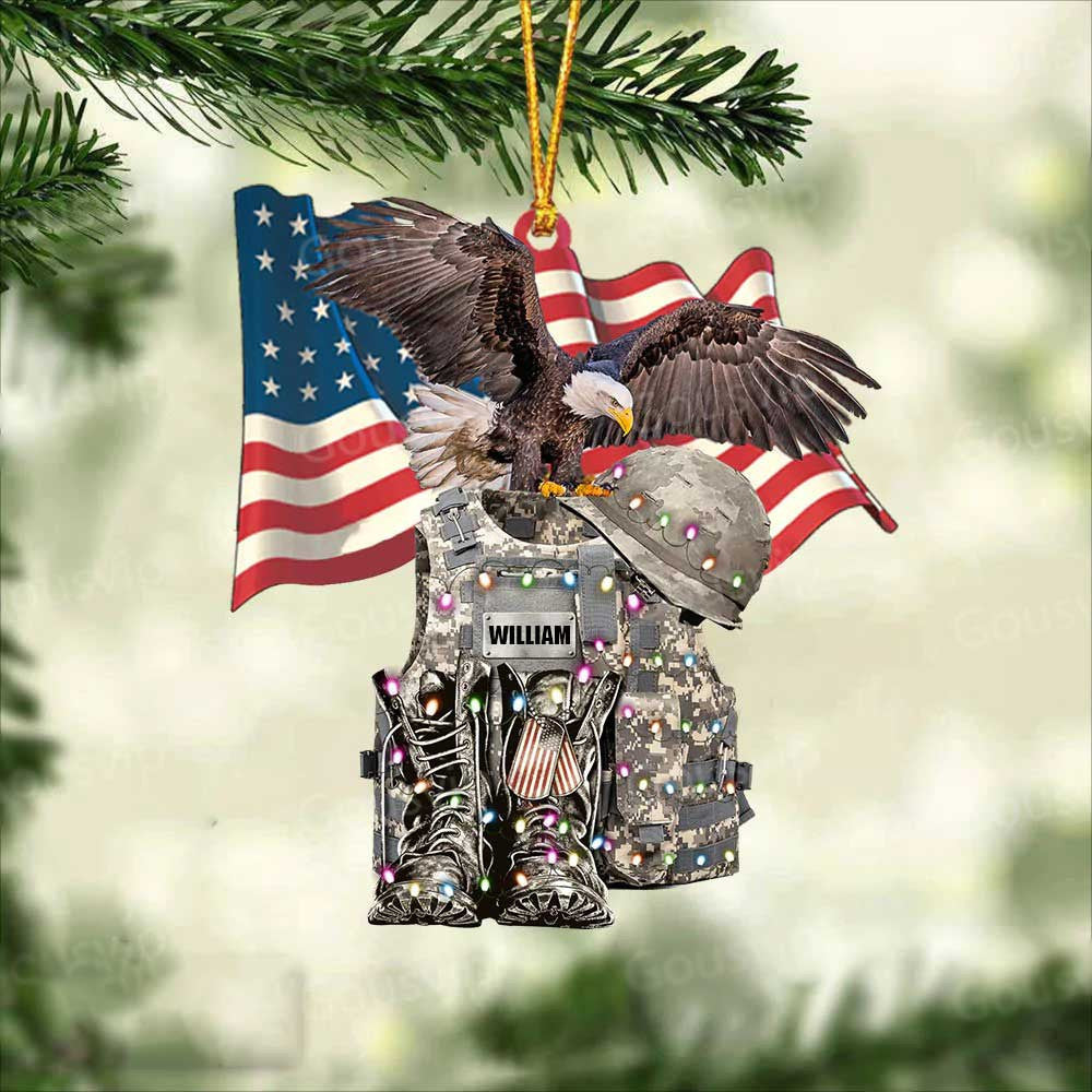 Eagle US Flag Military Uniform - Boots & Hat - Personalized Christmas Ornament for Veteran/ Gift for Solider