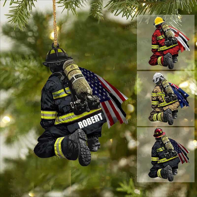 Personalized Firefighter and Fire Extinguisher Christmas Ornament for Fireman/ US Flag Firefighter Ornament