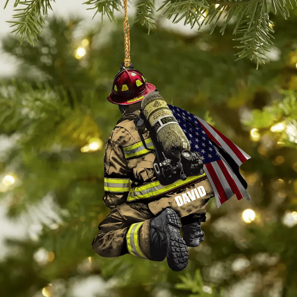 Personalized Firefighter and Fire Extinguisher Christmas Ornament for Fireman/ US Flag Firefighter Ornament