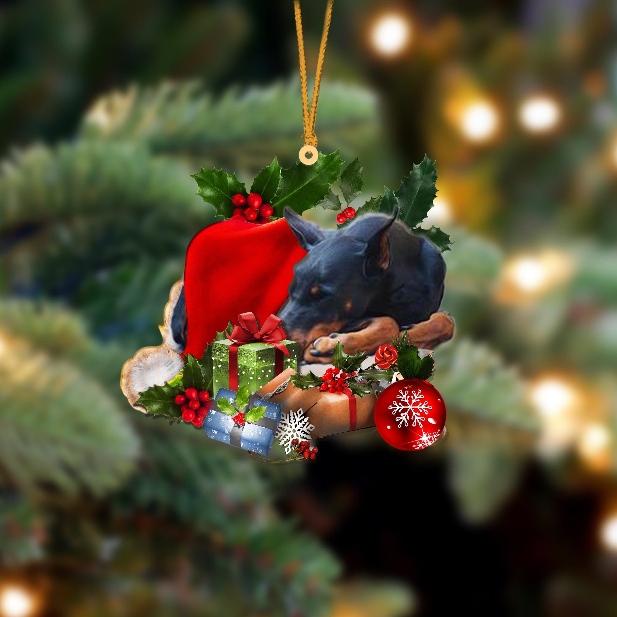 Doberman Pinscher Sleeping In Hat Christmas Ornament Two Sided