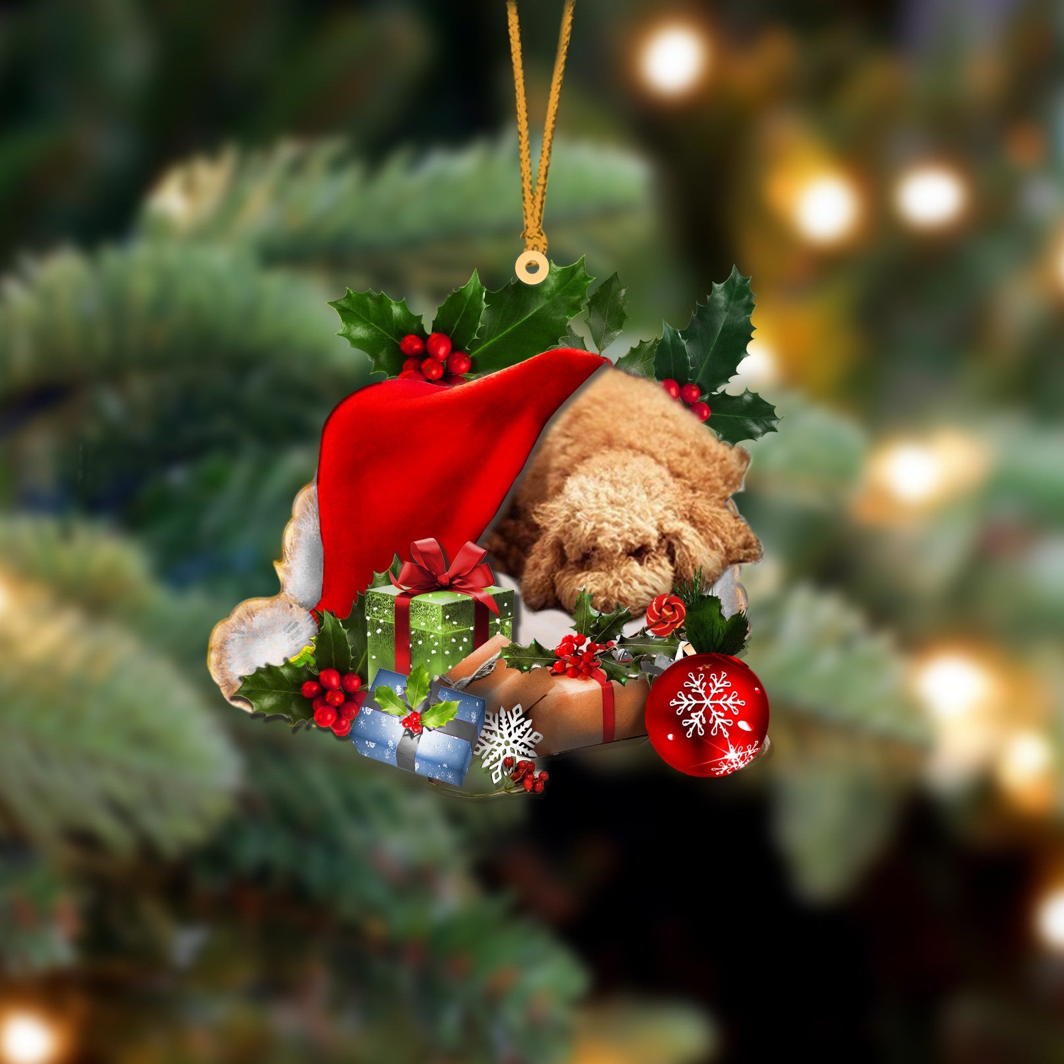 Poodle Sleeping In Hat Christmas Ornament Two Sided