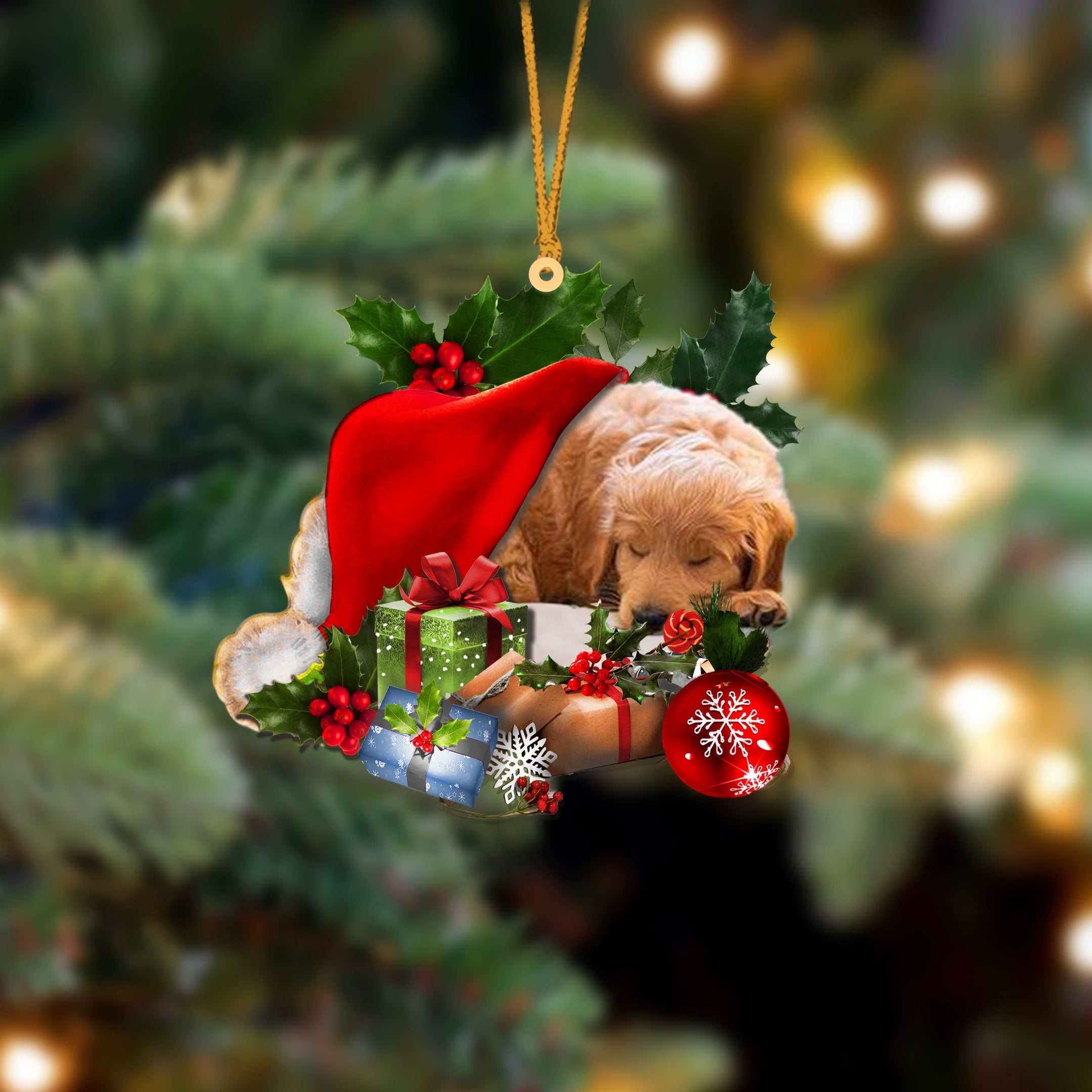 Goldendoodle Sleeping In Hat Christmas Ornament Two Sided