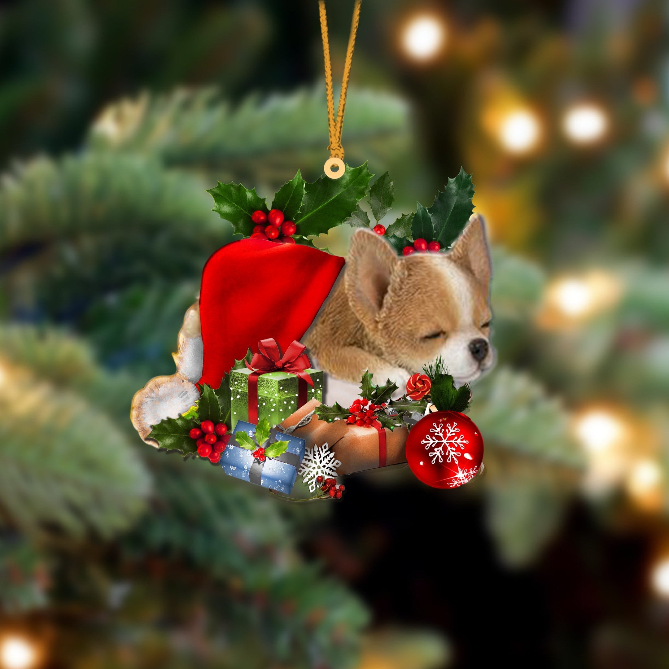 Chihuahua 2 Sleeping In Hat Christmas Ornament Two Sided