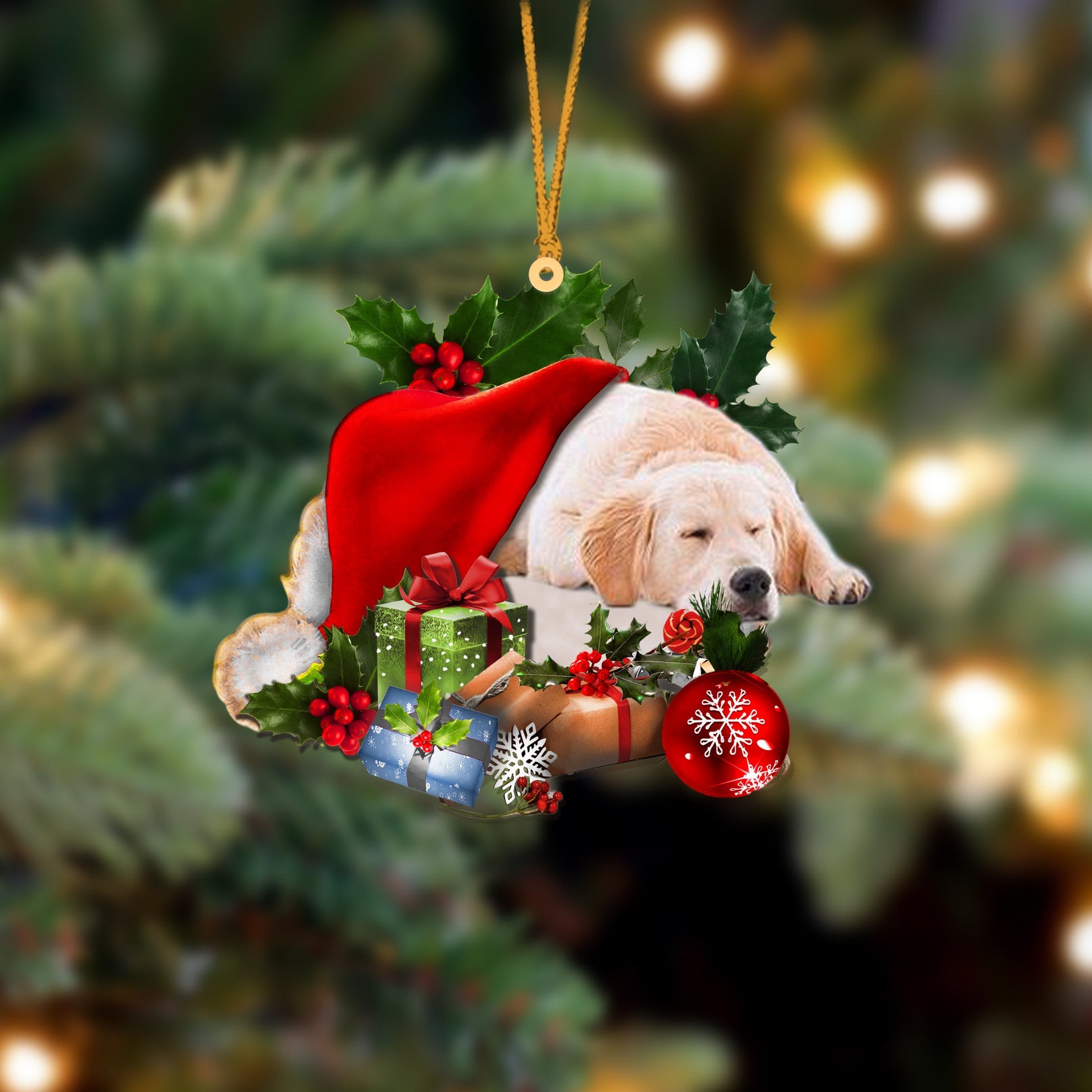Golden Retriever Sleeping In Hat Christmas Ornament Two Sided