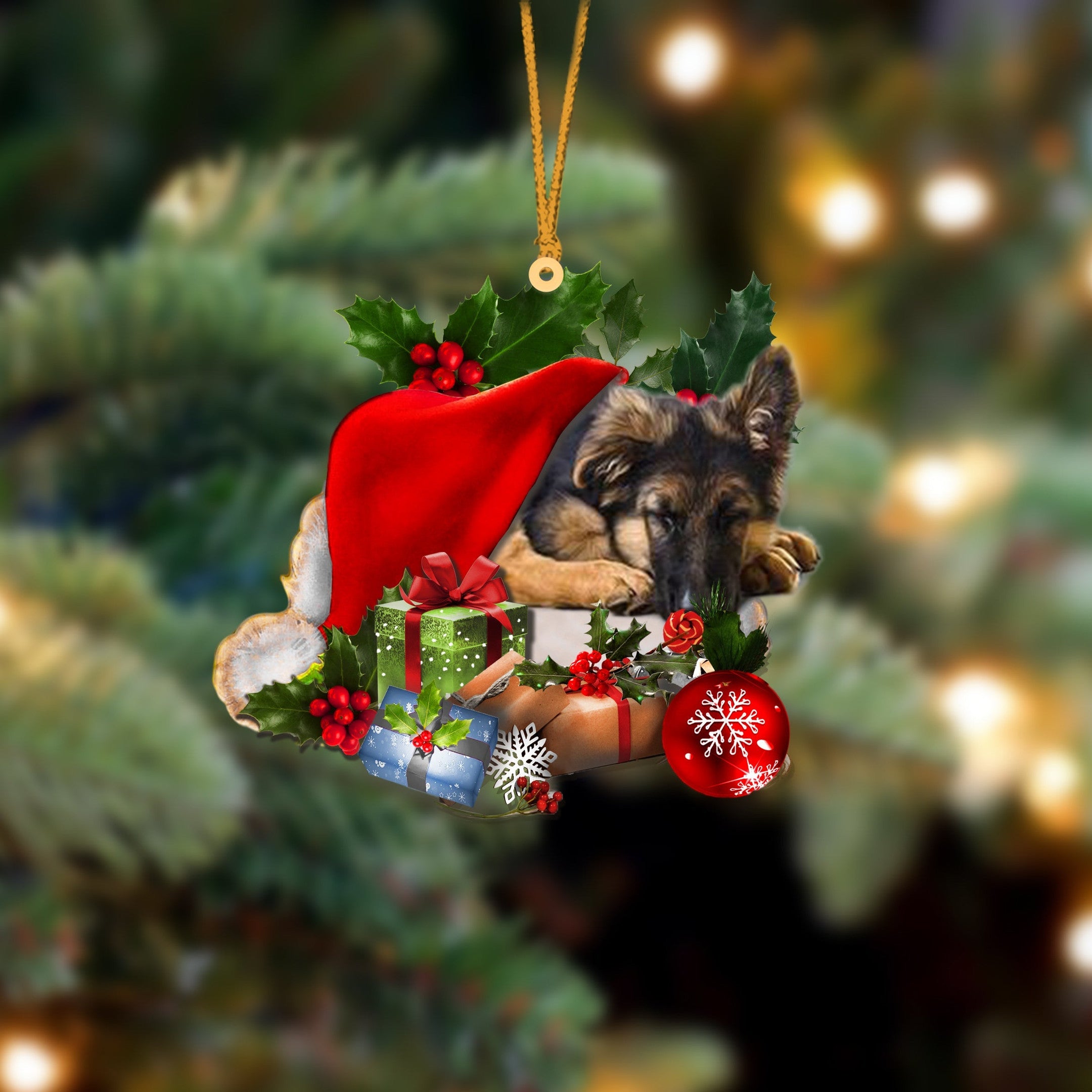 German Shepherd Sleeping In Hat Christmas Ornament Two Sided