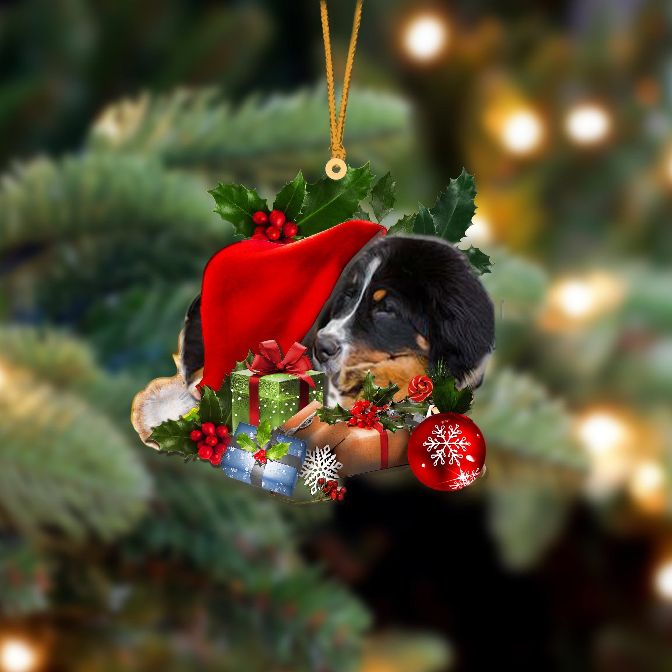 Bernese Mountain Dog Sleeping In Hat Christmas Ornament Two Sided