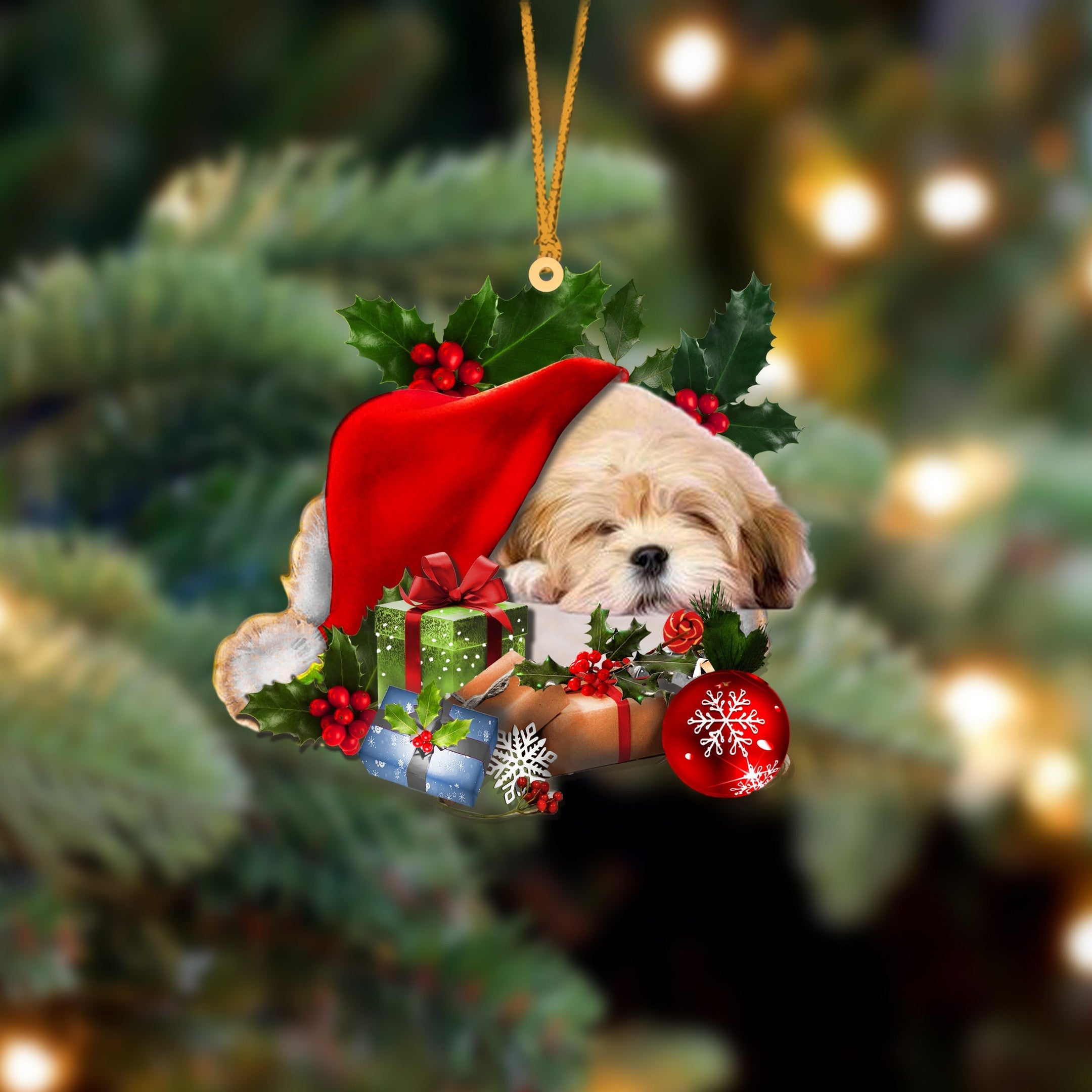 Lhasa Apso Sleeping In Hat Christmas Ornament Two Sided