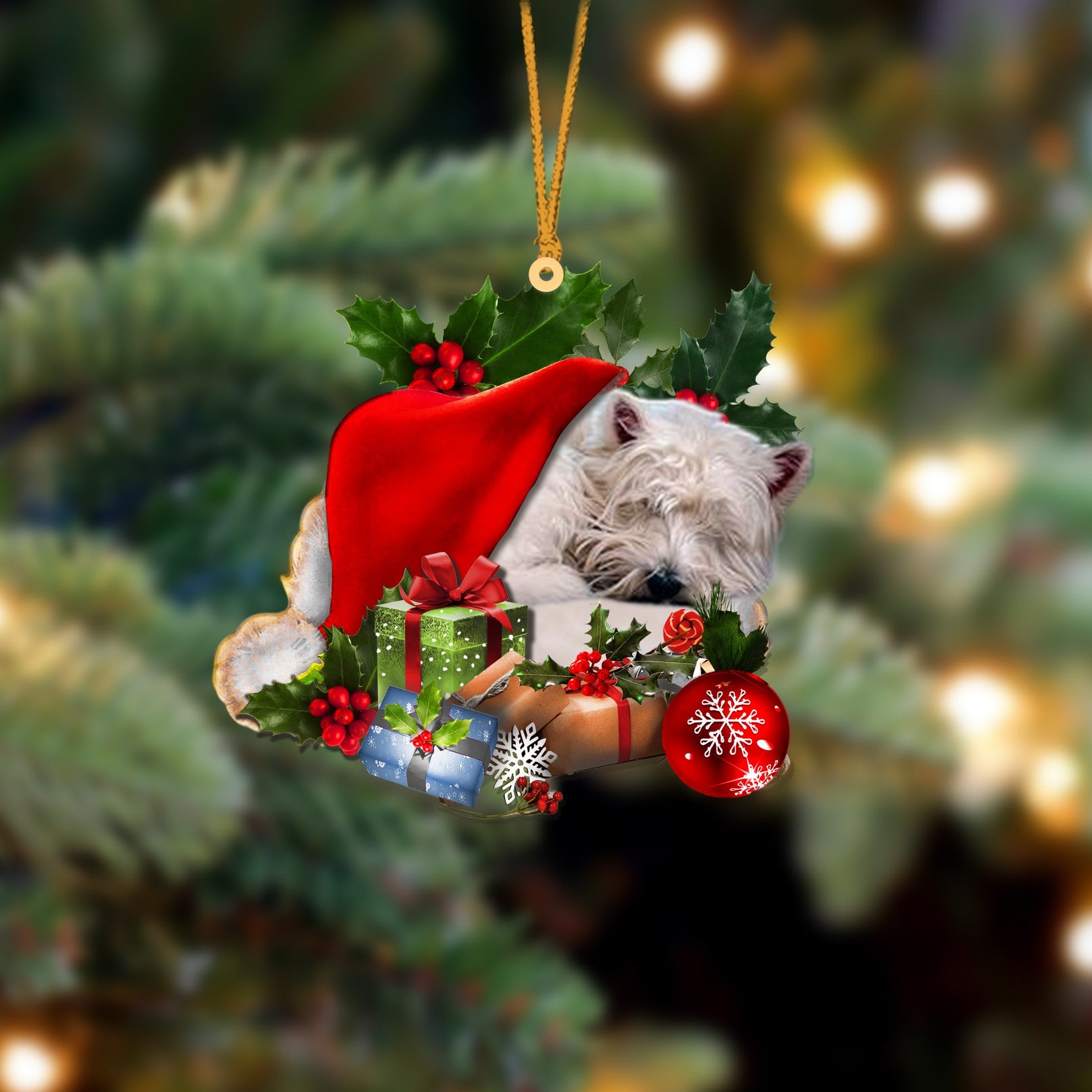 West Highland White Terrier Sleeping In Hat Christmas Ornament Two Sided