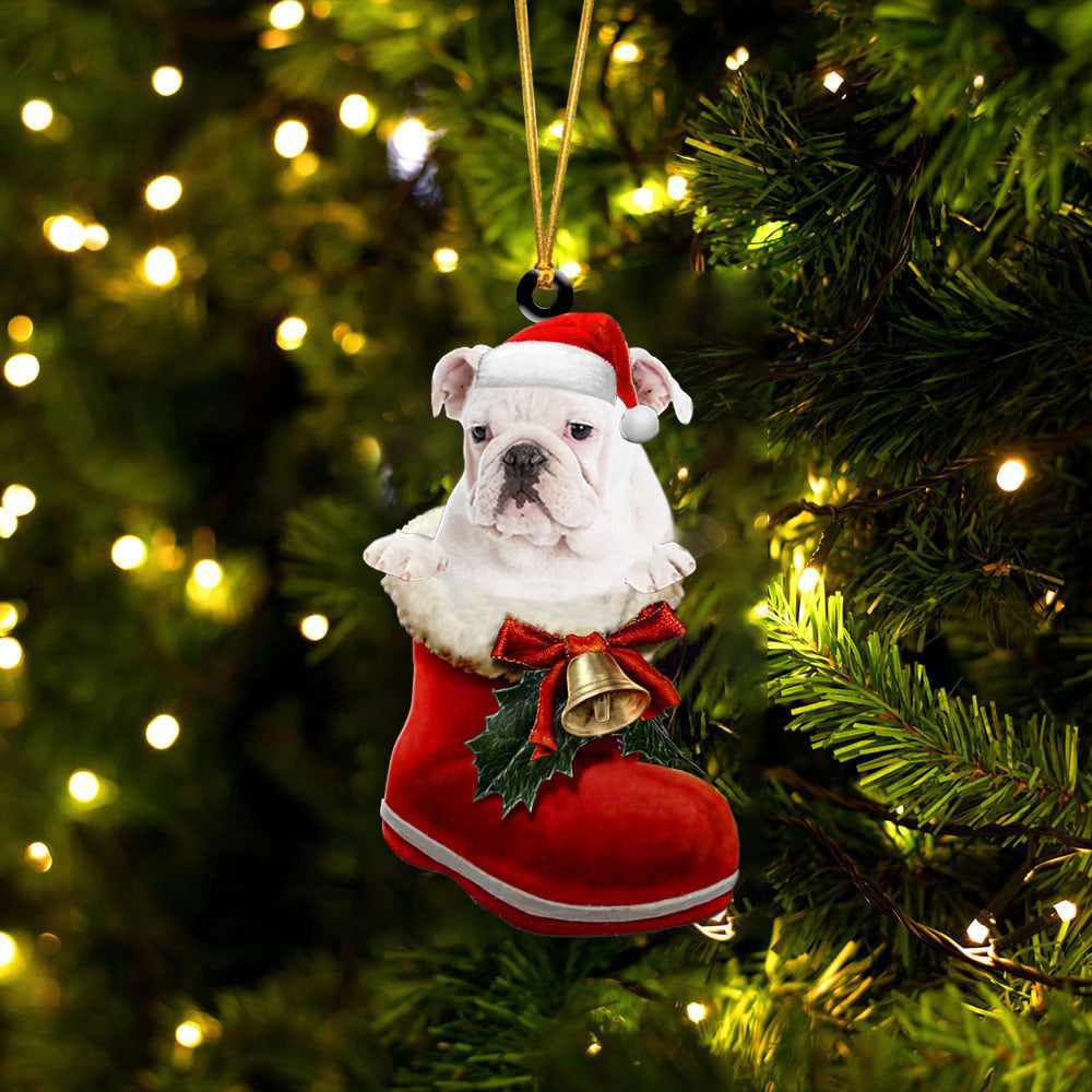 English Bulldog(White In Santa Boot Christmas Two Sided Ornament