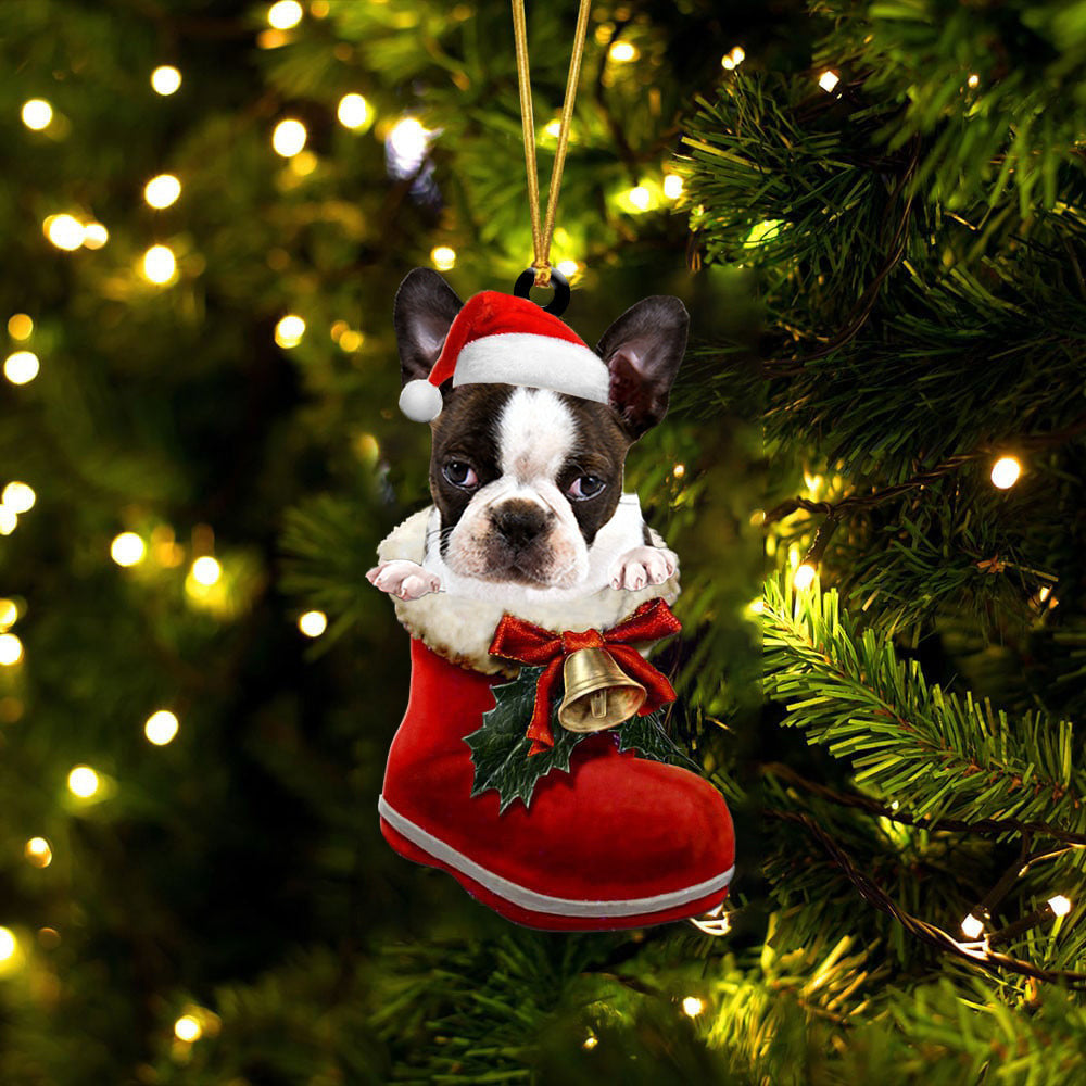 Boston Terrier 2 In Santa Boot Christmas Two Sided Ornament