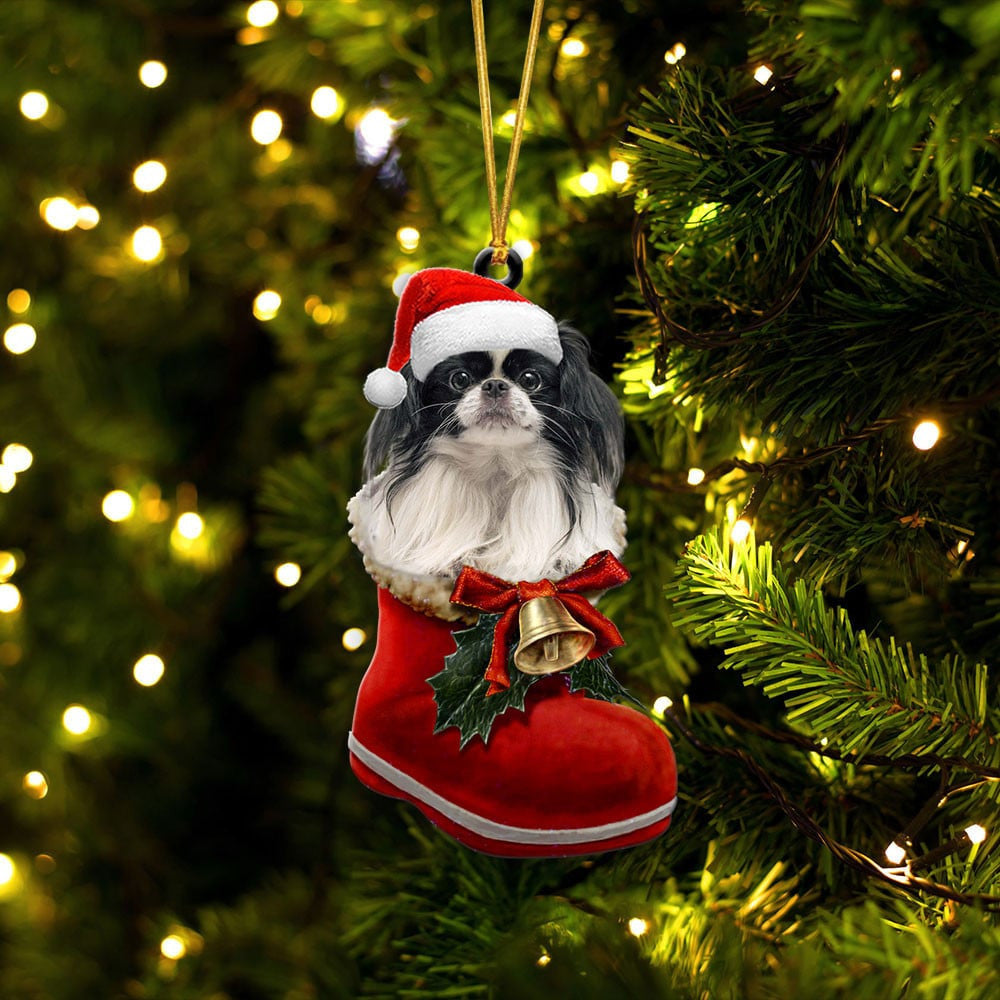 Japanese Chin In Santa Boot Christmas Two Sided Ornament
