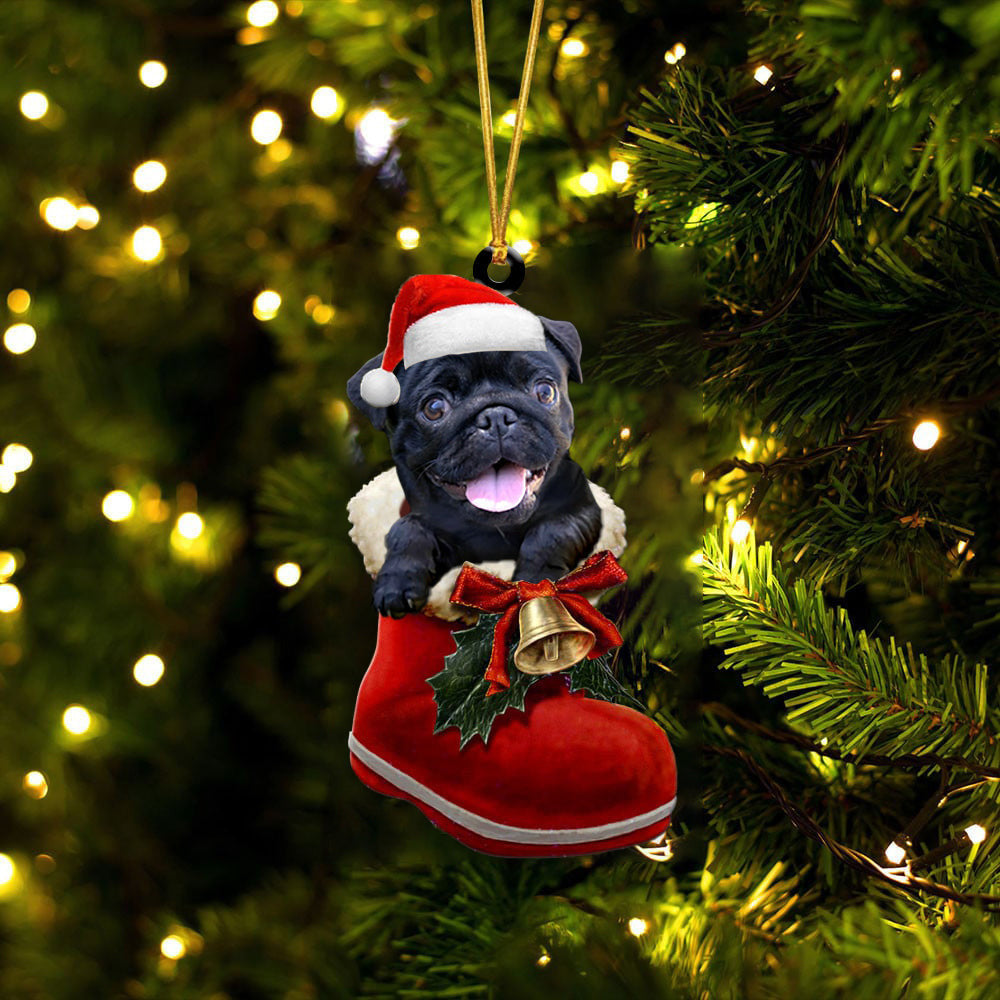 Pug Black 1 In Santa Boot Christmas Two Sided Ornament