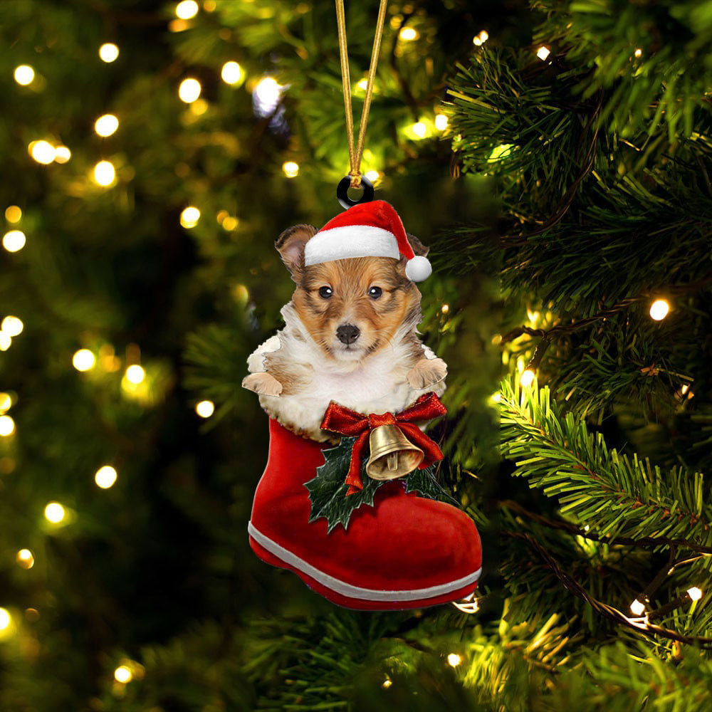 Shetland Sheepdog In Santa Boot Christmas Two Sided Ornament