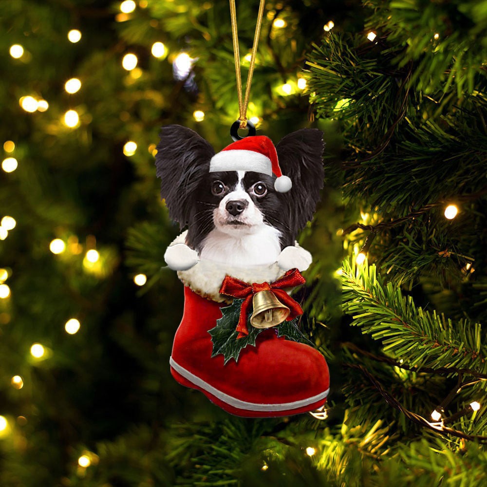 Papillon 2 In Santa Boot Christmas Two Sided Ornament