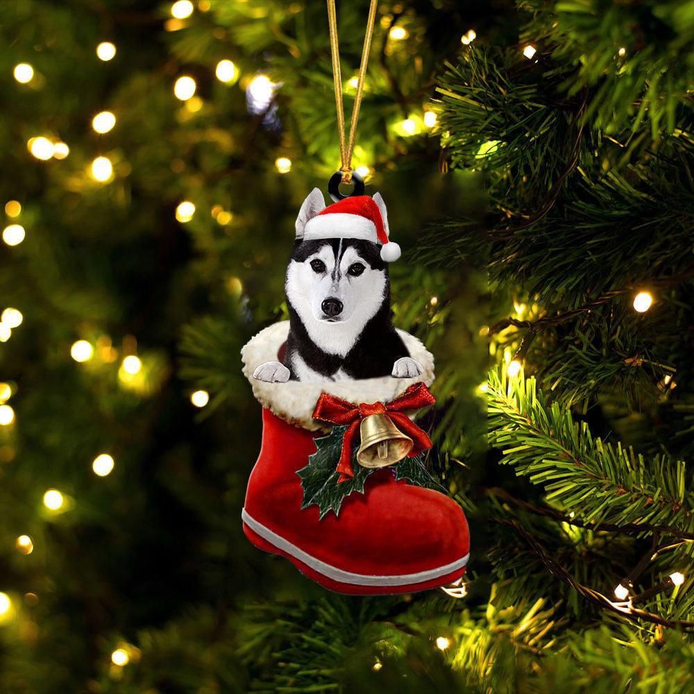Siberian Husky 4 In Santa Boot Christmas Two Sided Ornament