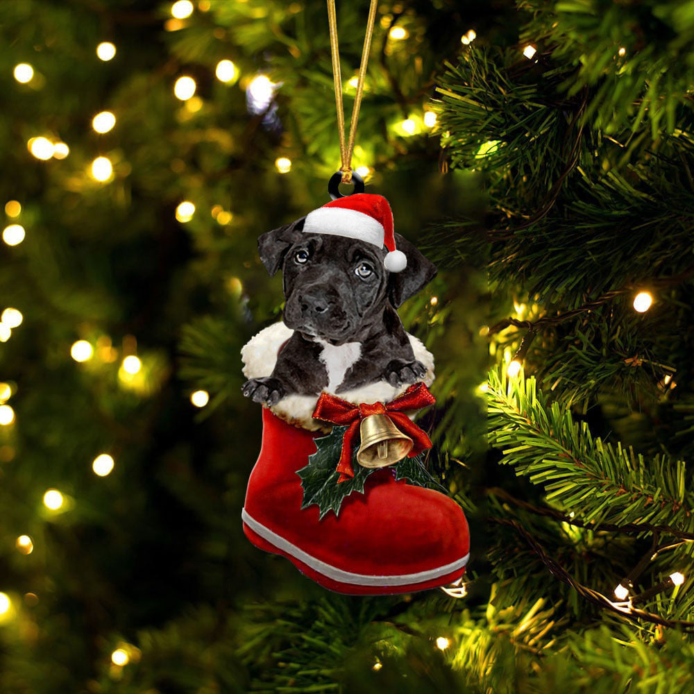 Pitbull Black In Santa Boot Christmas Two Sided Ornament